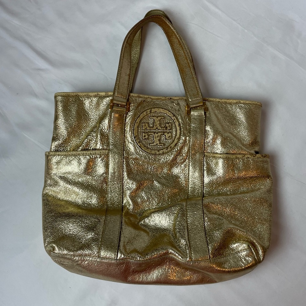 Tory Burch Gold Metallic Leather Tote Bag Calf Hair Logo Handbag Purse 2 Handle